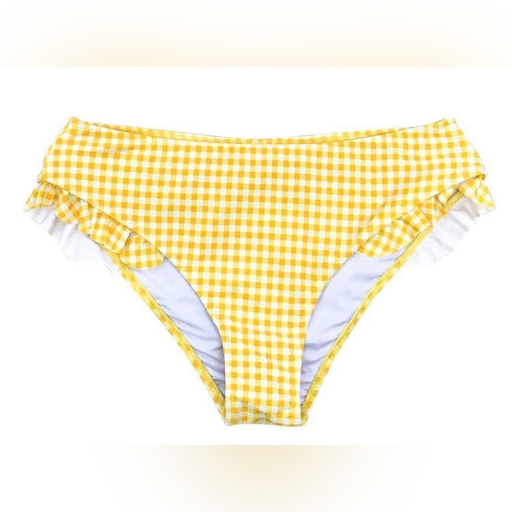 ⛱️Cupshe Yellow White Gingham Plaid Ruffle Bikini Bottom Size 8/10 NWT⛱️